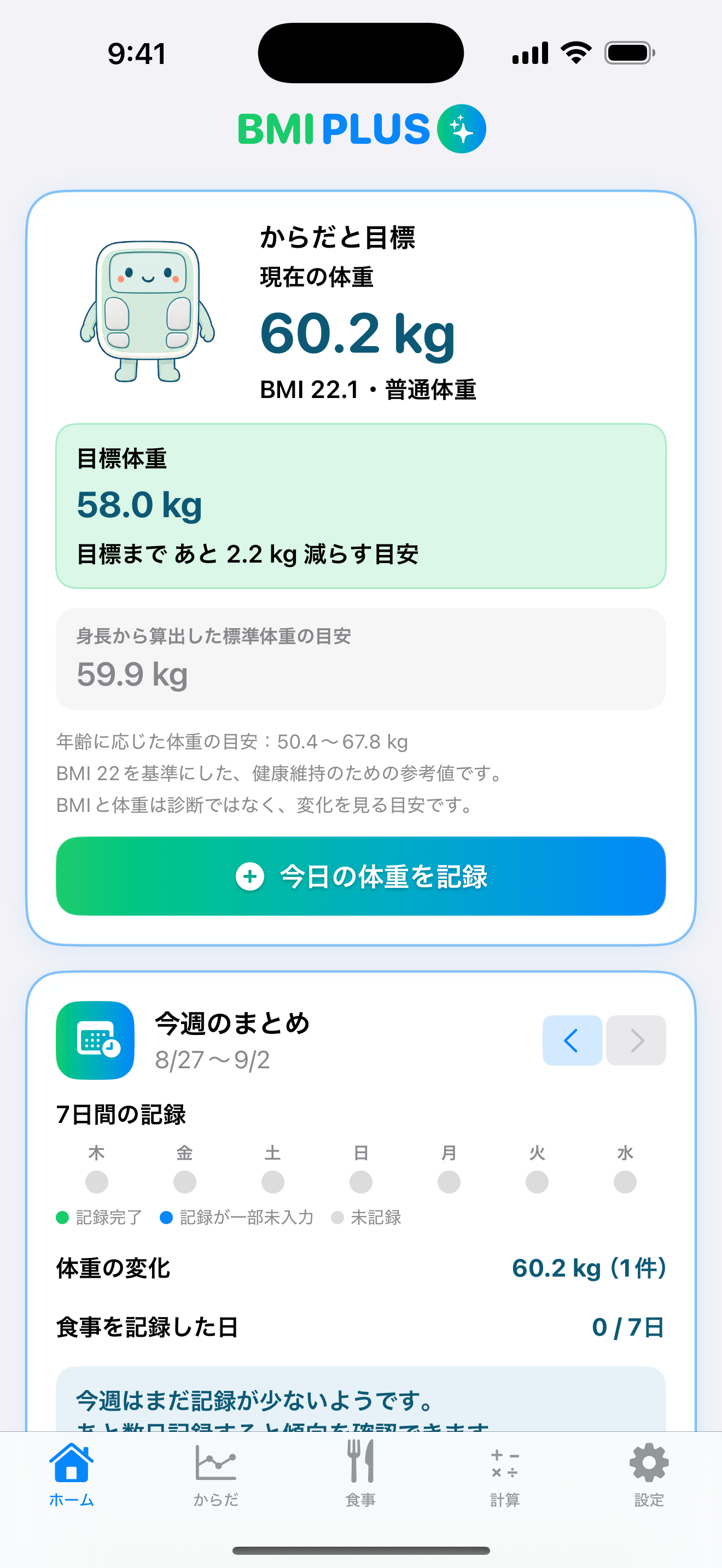 BMIPLUSのホーム画面。現在の体重、BMI、目標体重、標準体重、1週間の記録を表示